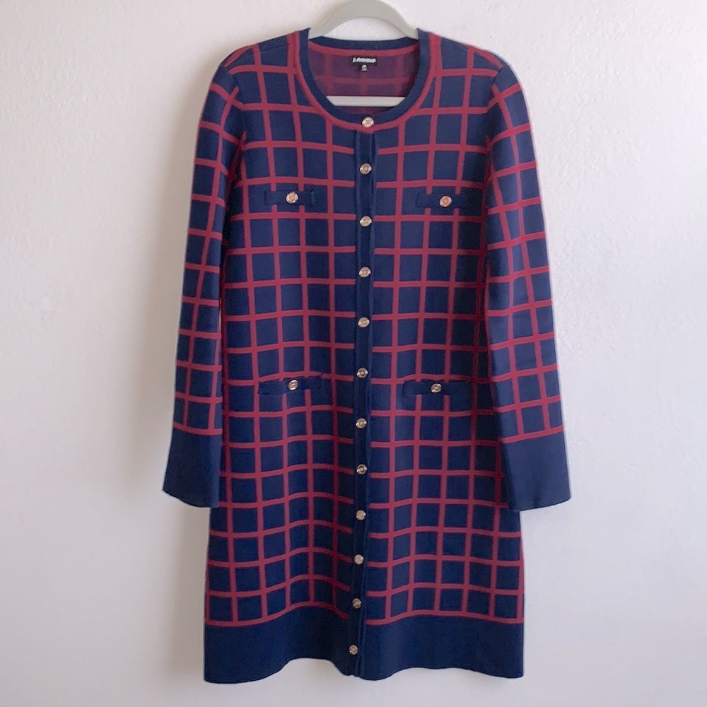 J. Peterman Navy Plaid Window Pane Button Front Long Sleeve Sweater Dress Sz M